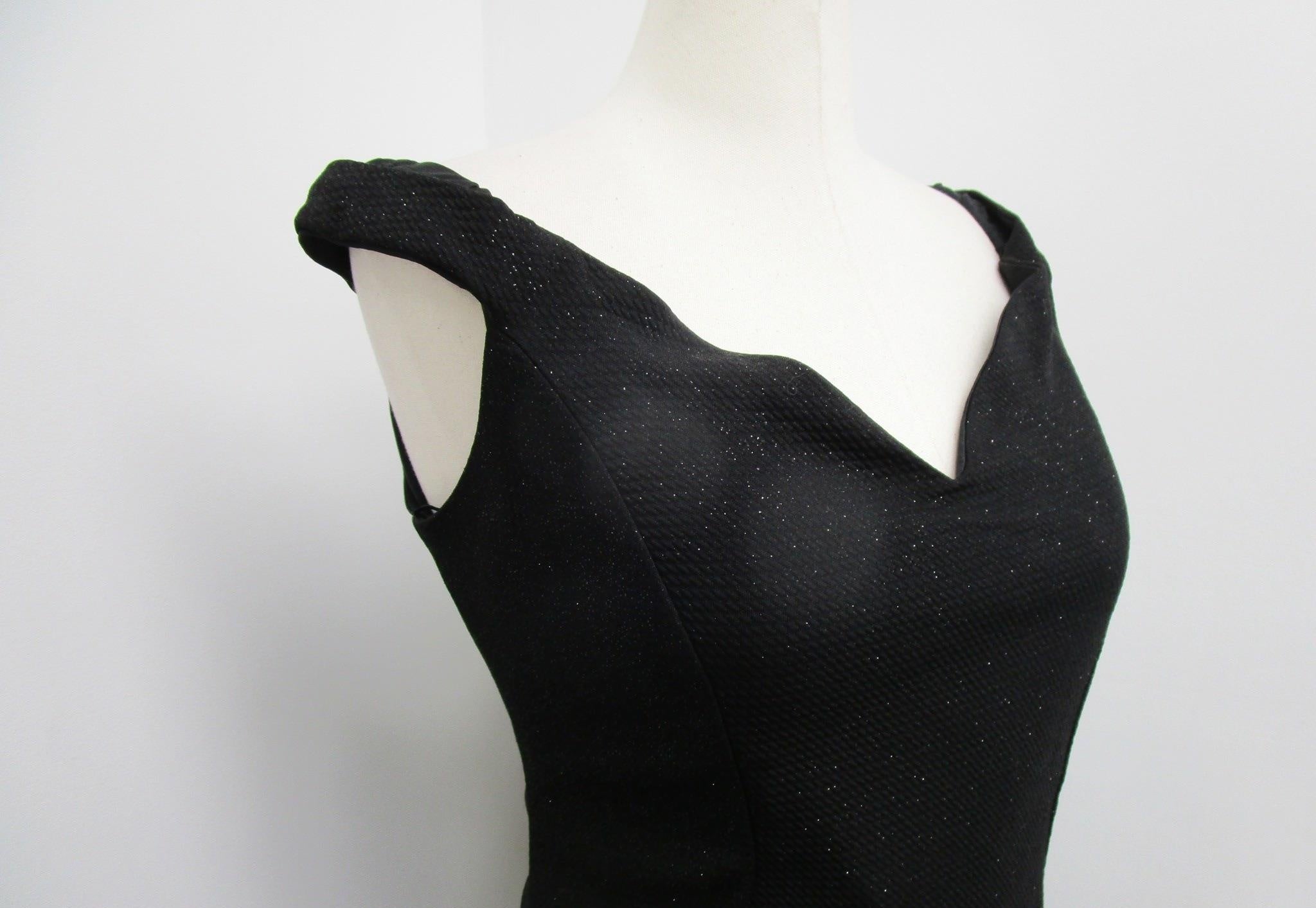 NWT Marina Black Glitter Off Shoulder Scallop Neckline Cocktail Dress Women 12