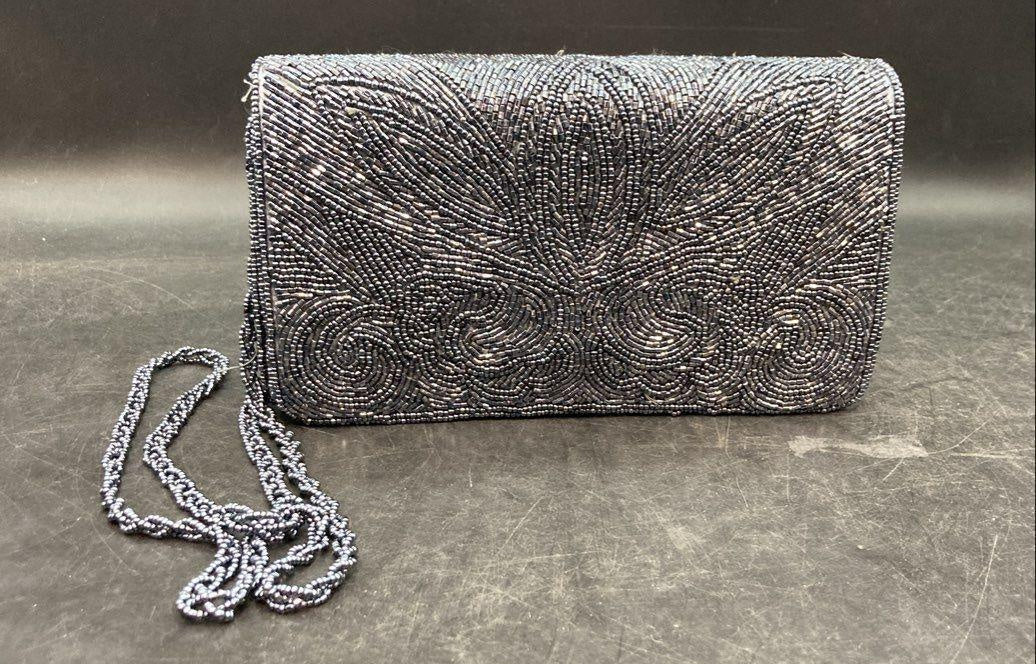 SASHA Blue Beaded Clutch Shoulder Evening Bag | Convertible Chain Strap Purse