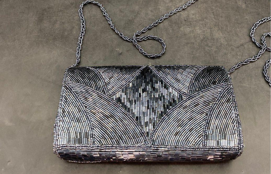 SASHA Blue Beaded Clutch Shoulder Evening Bag | Convertible Chain Strap Purse