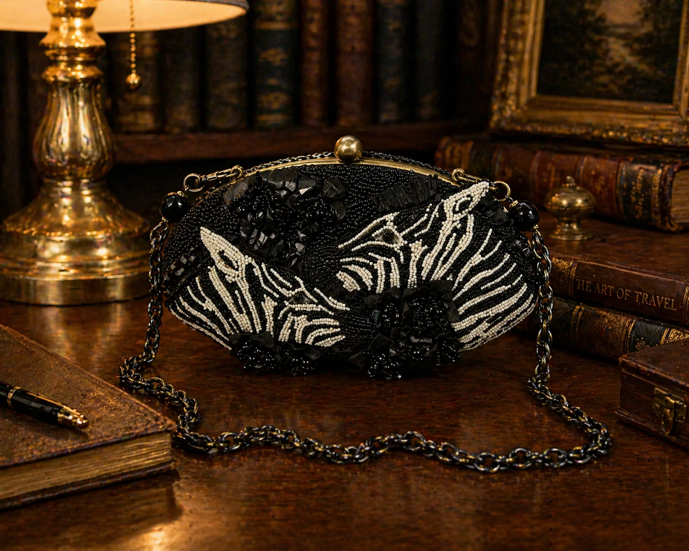 Mary Frances Zebra Beaded Clutch with Chain Strap | Retired Black White Statement Evening Bag