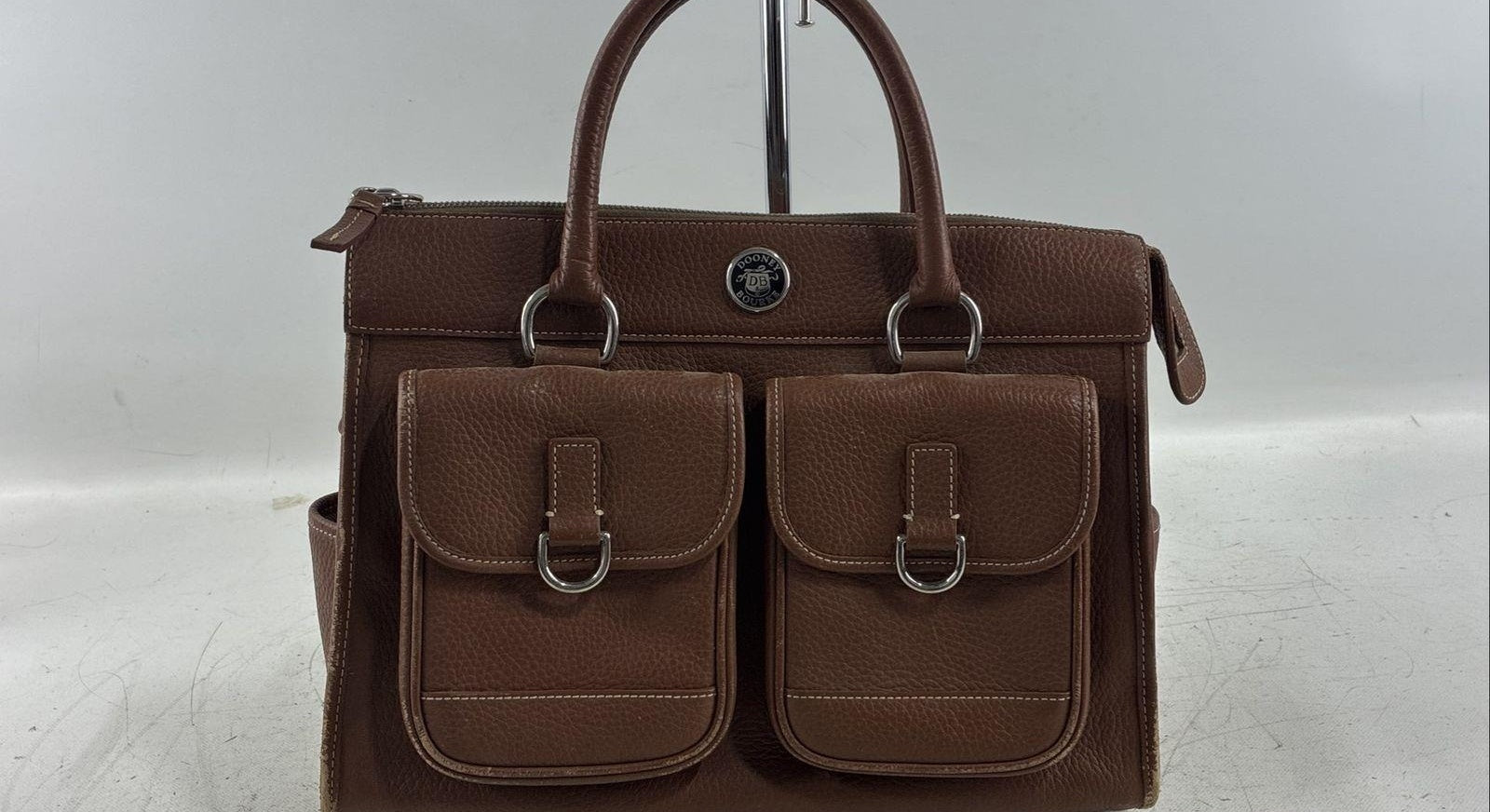 Dooney & Bourke Brown Leather Satchel Bag, Structured Pocket Tote with Shoulder Strap