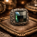 Bold Unisex Dark Green Faceted Stone Statement Ring with Black Crystal Accents