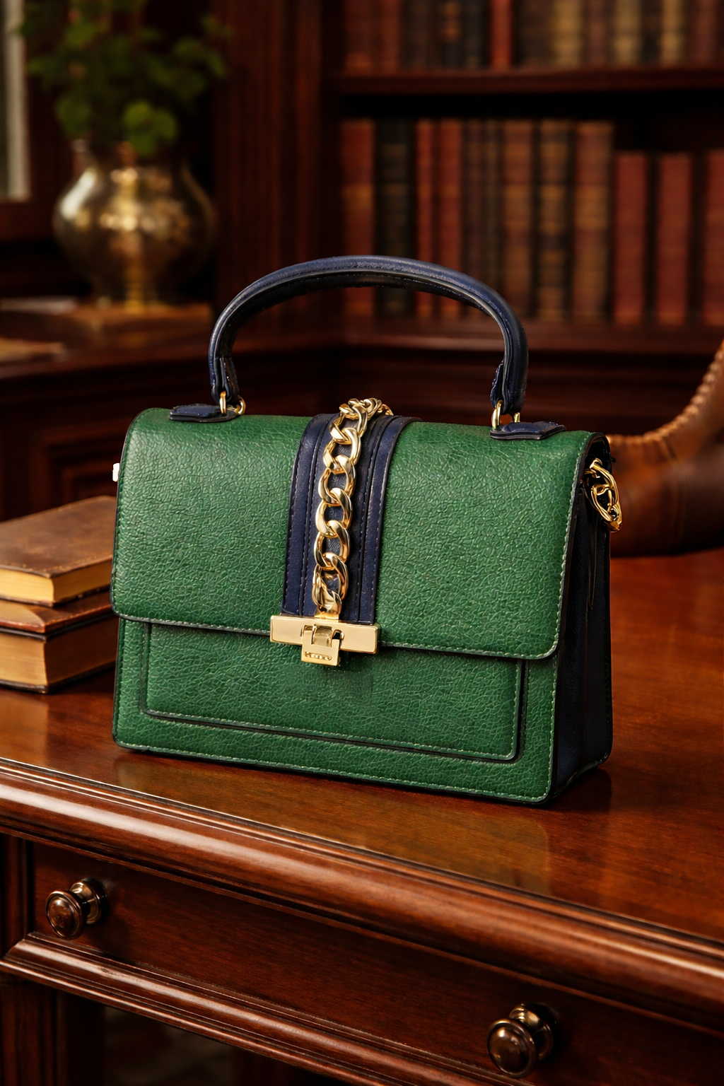 Green Structured Top Handle Handbag Gold Chain Accent Elegant Boutique Satchel Purse