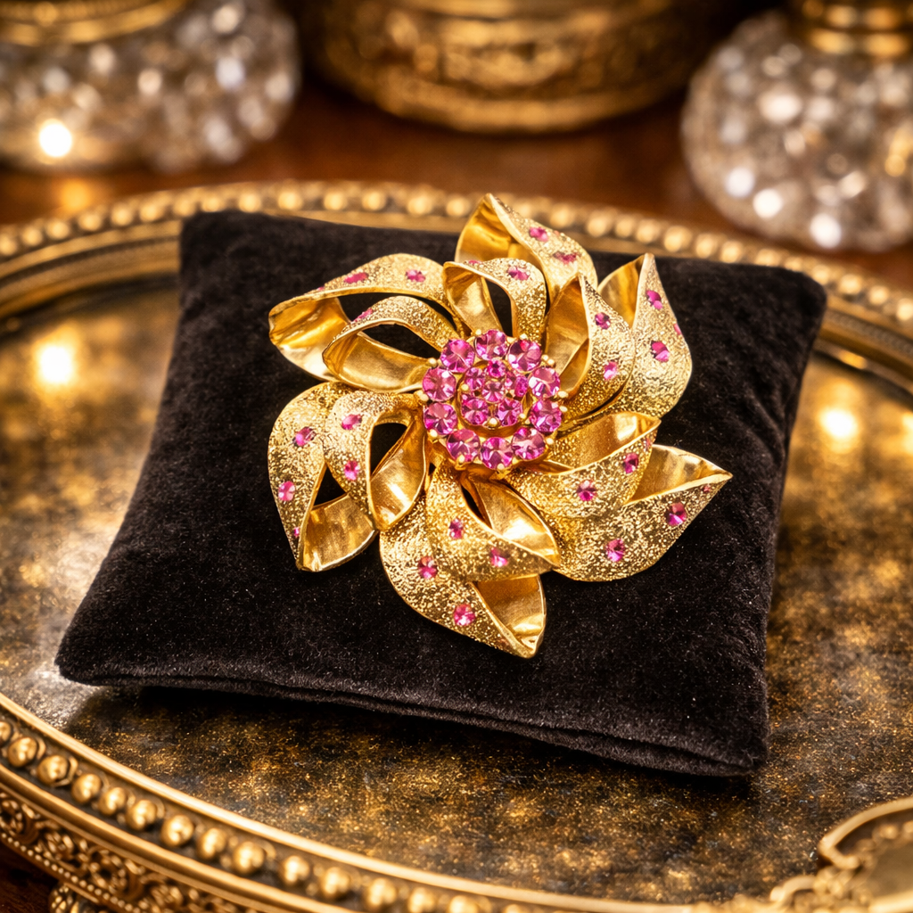 Gold Tone Pink Crystal Pinwheel Brooch Textured Ribbon Swirl Design