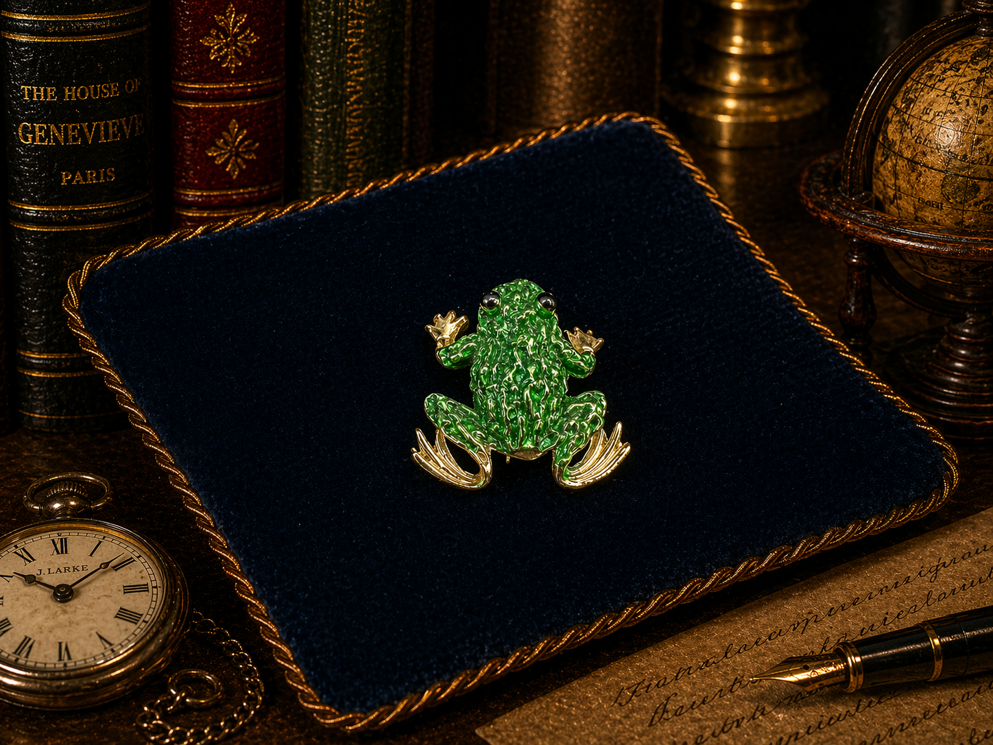 Swarovski Gold Tone Green Enamel Frog Brooch with Black Crystal Eyes
