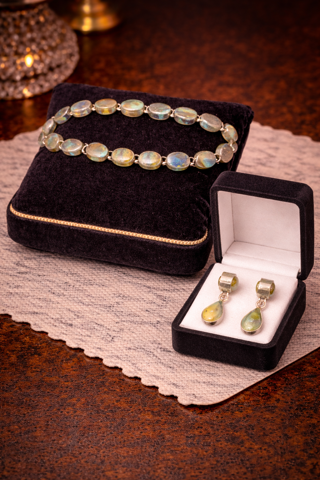 925 Sterling Silver Brown Labradorite Cabochon Necklace & Earring Set | Natural Gemstone | Earth Tone Statement Jewelry