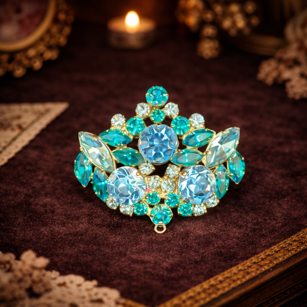 Austria Silver Tone Blue And Teal Rhinestone Brooch Pendant Drop Signed Mid Century Pin