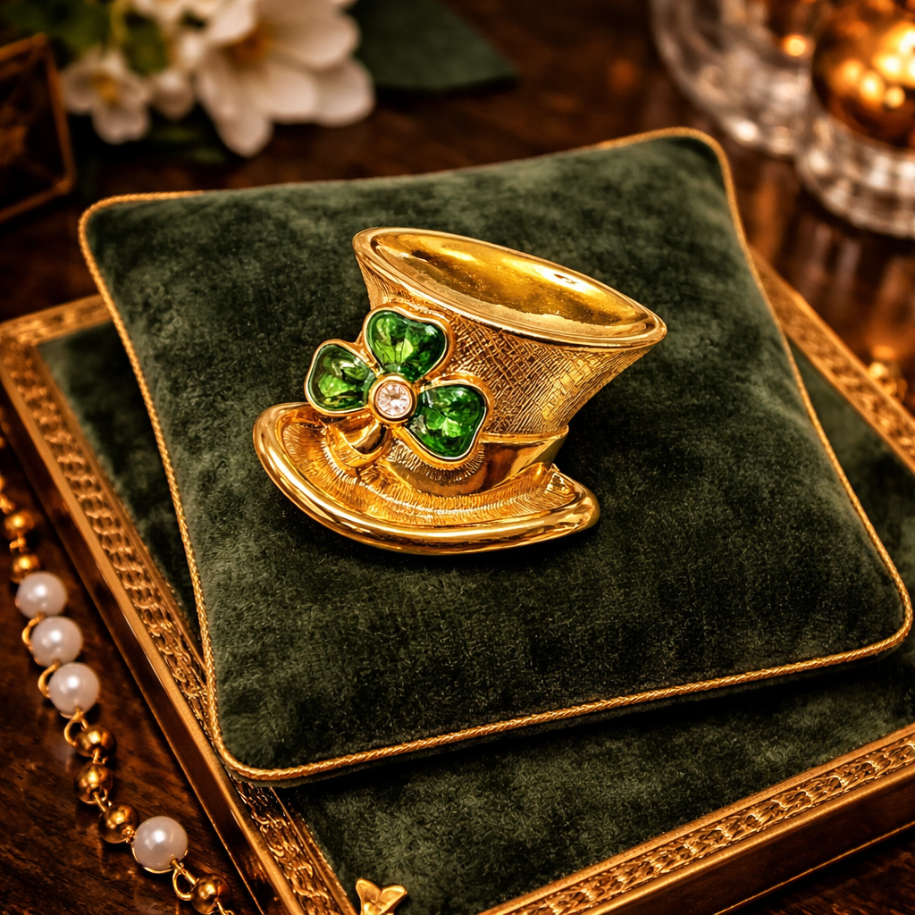 Vintage Gold Tone Teacup Brooch with Green Enamel and Rhinestone Shamrock Accent