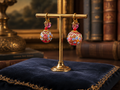 Vintage Venetian Style Painted Bead Dangle Earrings with Pink Crystal Accents and Gold Tone Hooks