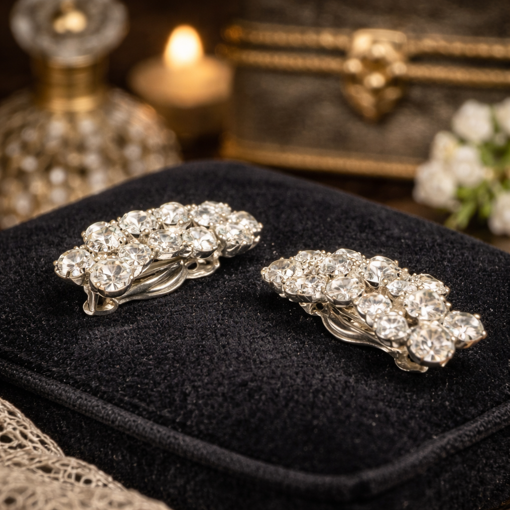 Weiss Silver Tone Rhinestone Clip Earrings