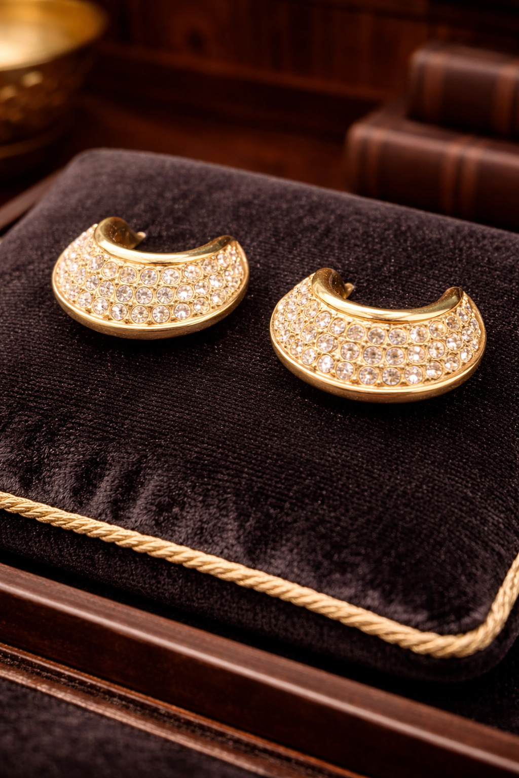 Swarovski Gold Tone Reversible Stud Earrings Black Enamel and Pavé Crystal Two Sided Designer Jewelry