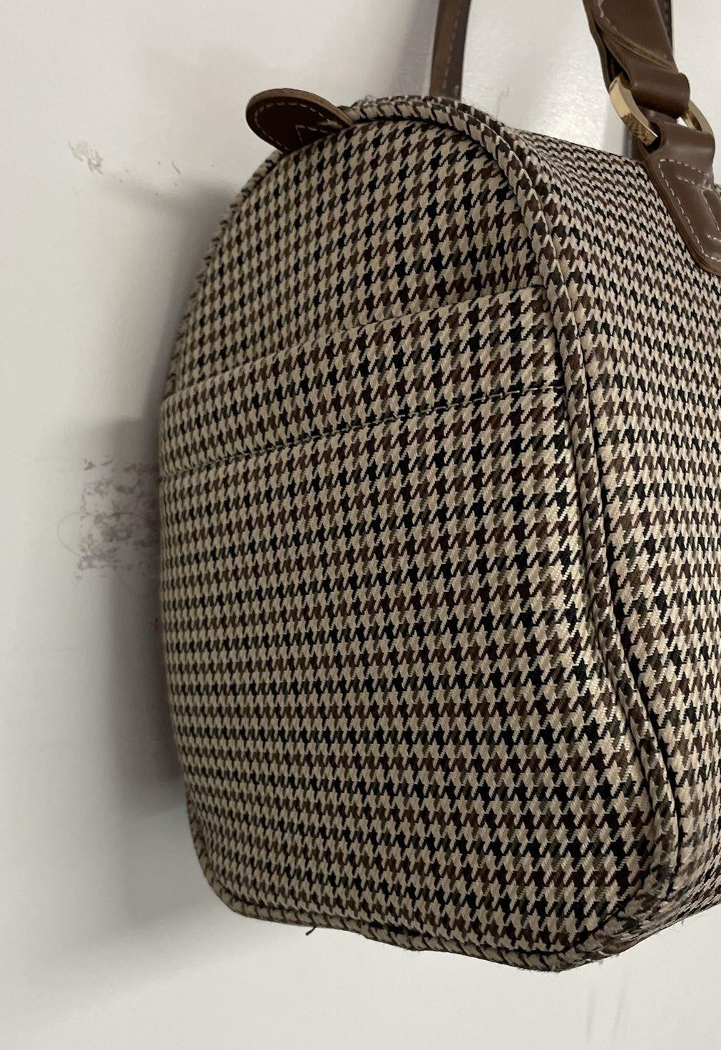 London Fog Houndstooth Barrel Satchel Bag | Brown Trim Shoulder Duffel Handbag