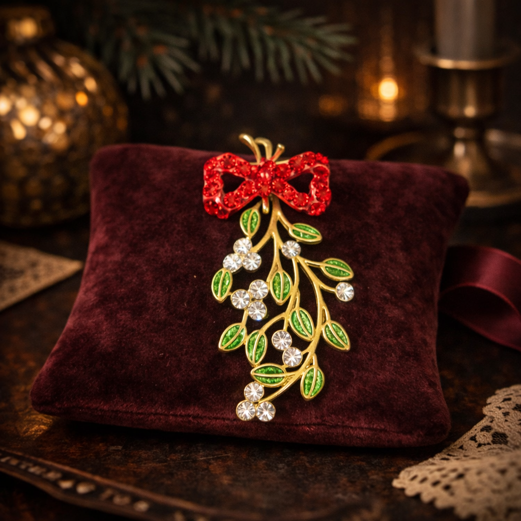 Christmas Mistletoe Brooch with Red Rhinestone Bow