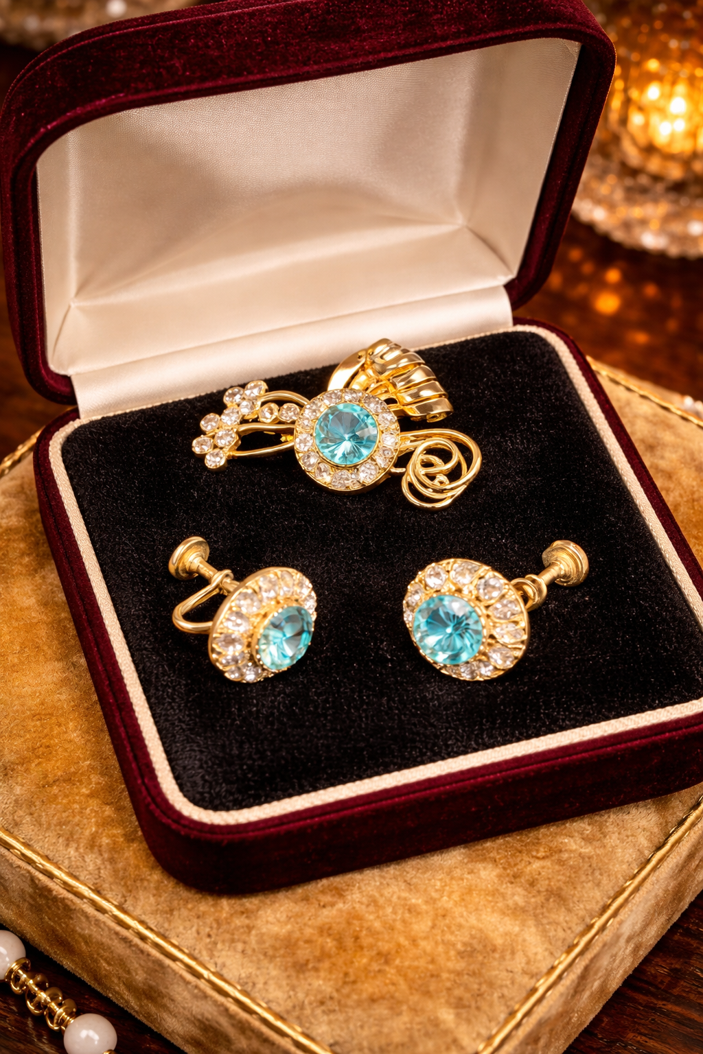 Vintage Rhinestone Brooch and Screw Back Earrings Set Gold Tone Blue Center Stones Clear Rhinestone Halo Matching Jewelry Set