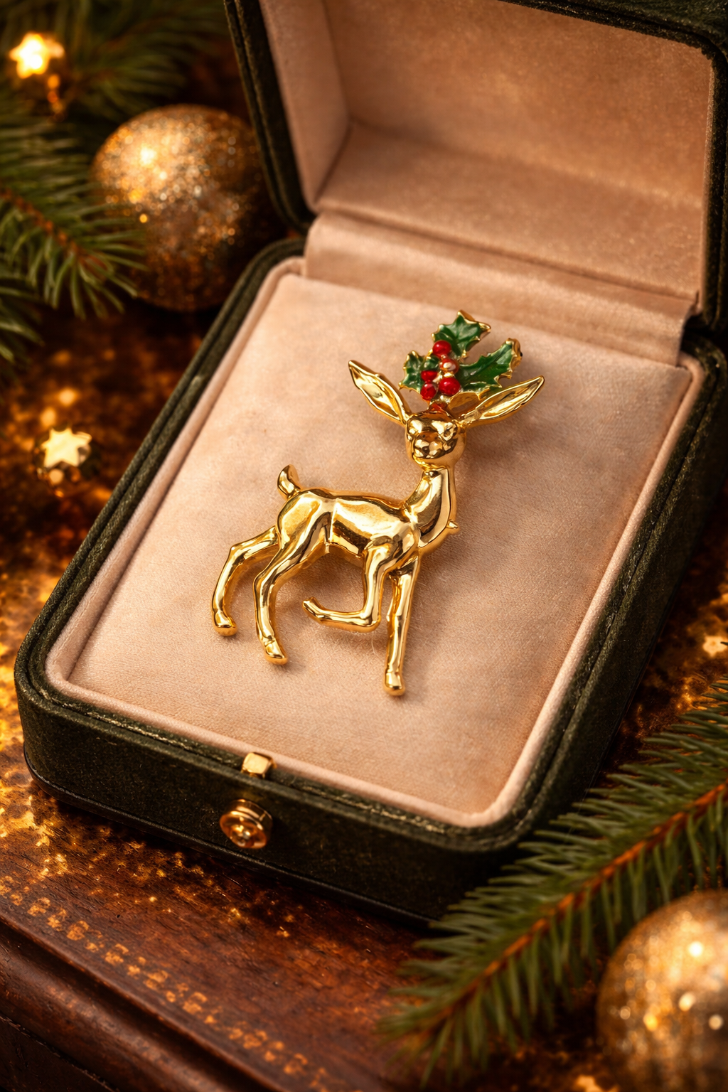 Vintage Gerry’s Christmas Reindeer Brooch Gold Tone Holly Enamel Holiday Pin