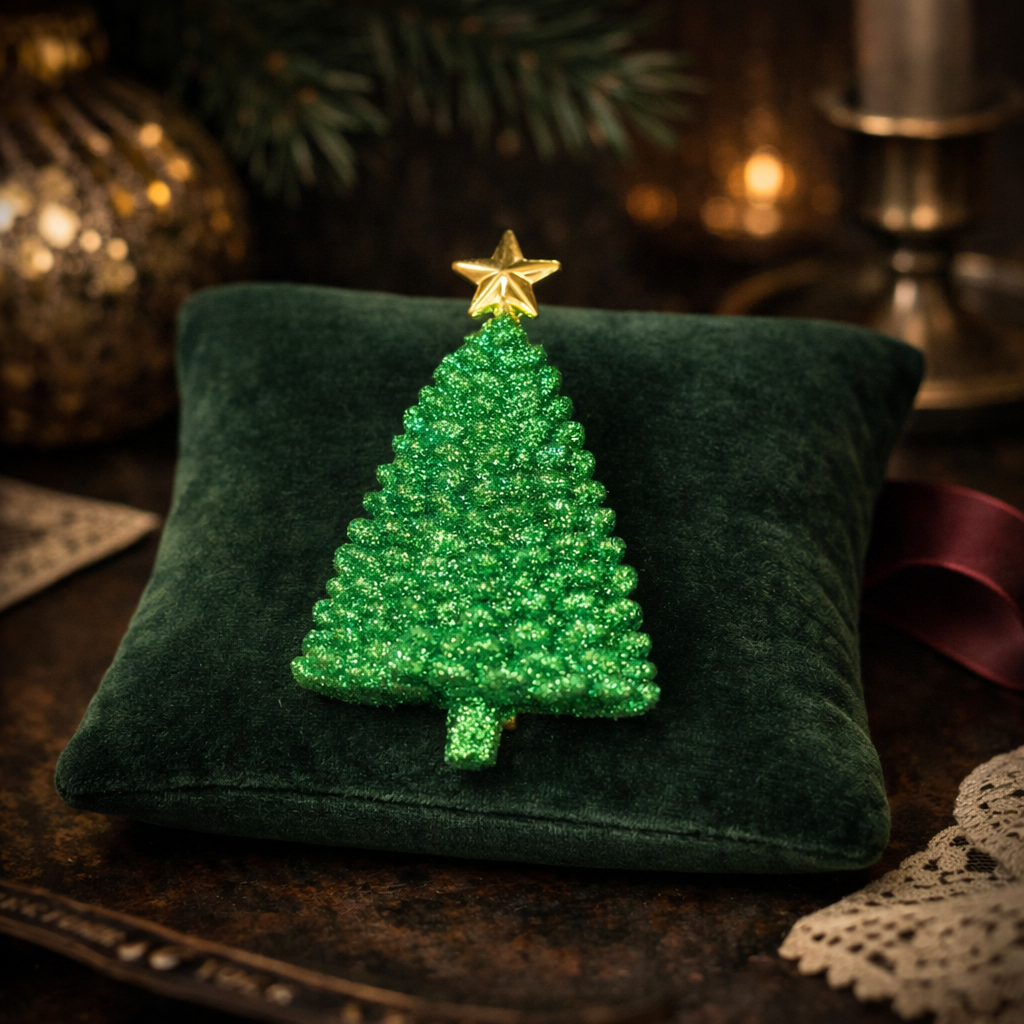 Green Glitter Christmas Tree Brooch with Gold Star