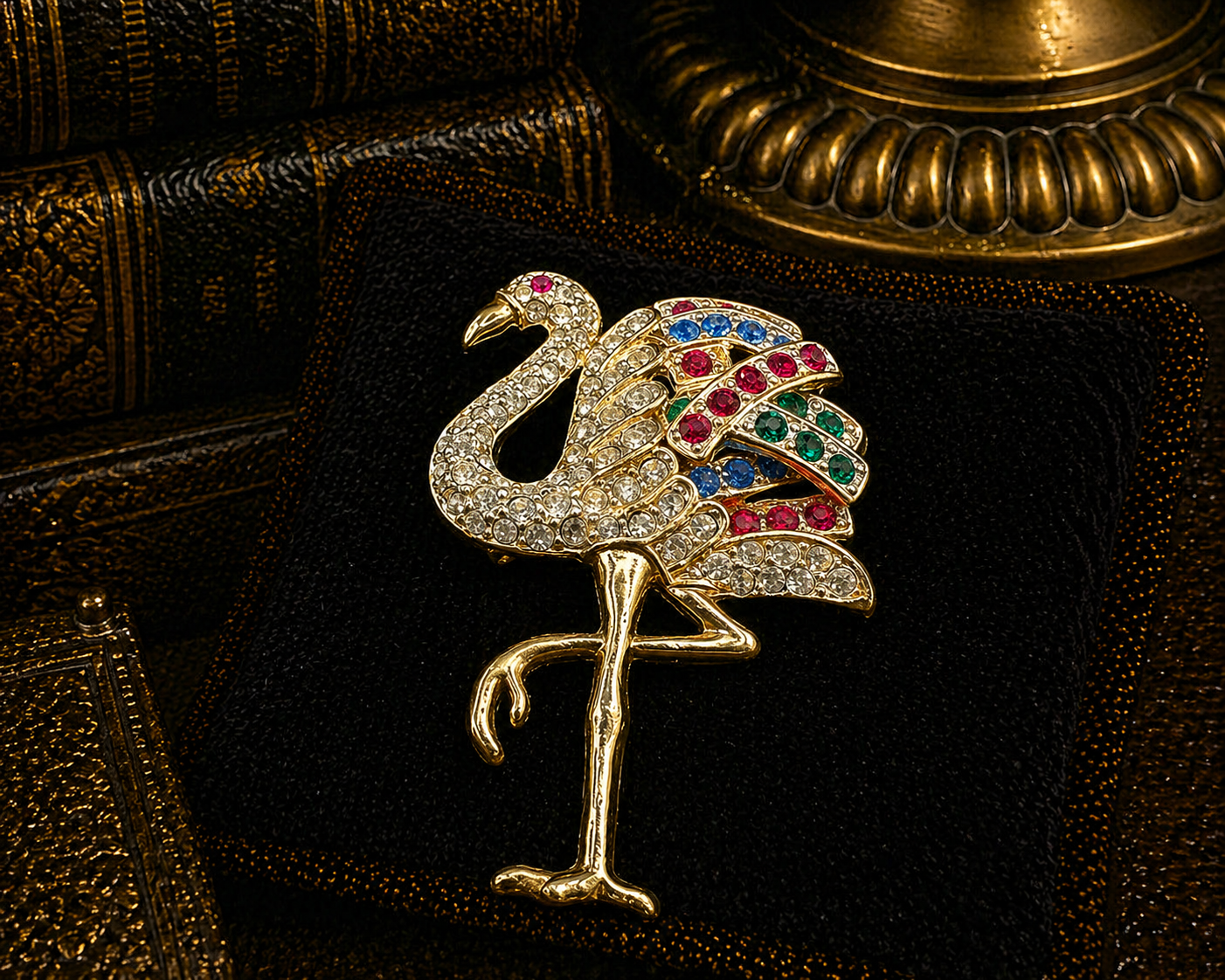 Gold Tone Multicolor Crystal Flamingo Brooch
