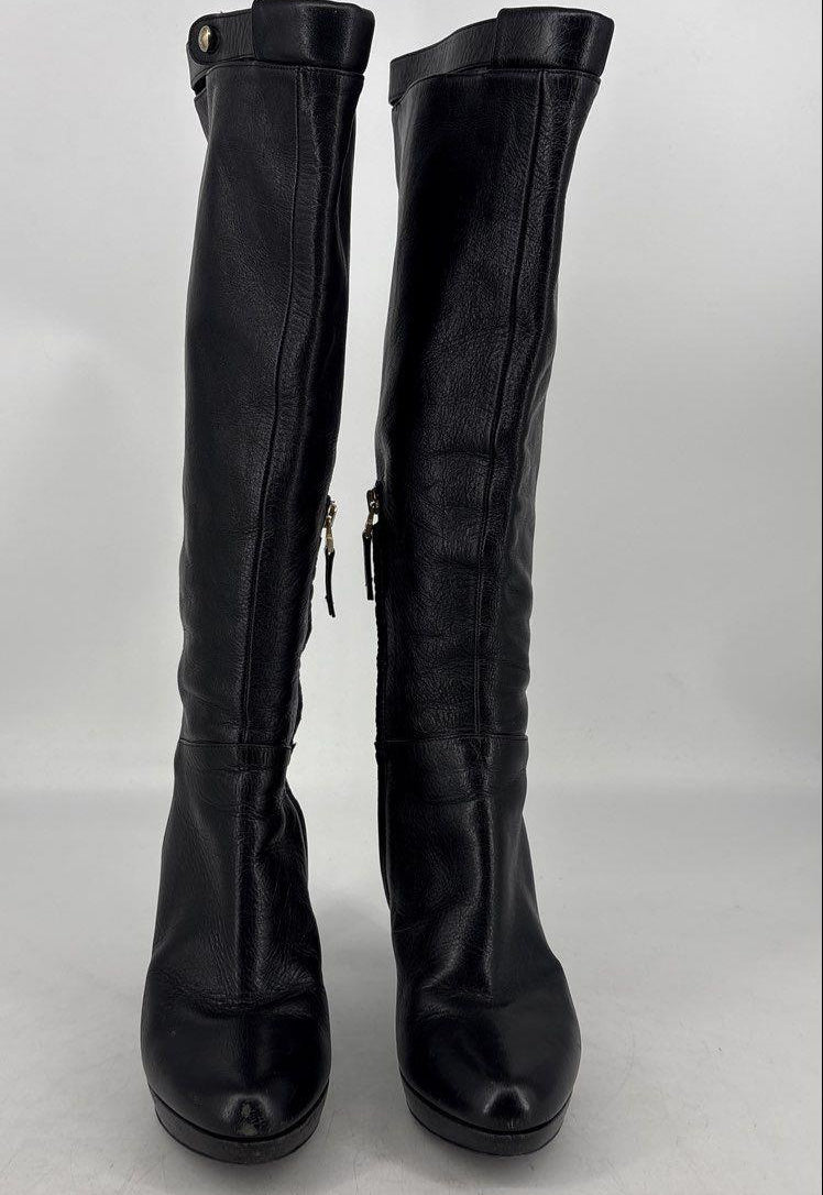 Fendi Black Leather Platform Knee High Boots Side Zip Size 39.5