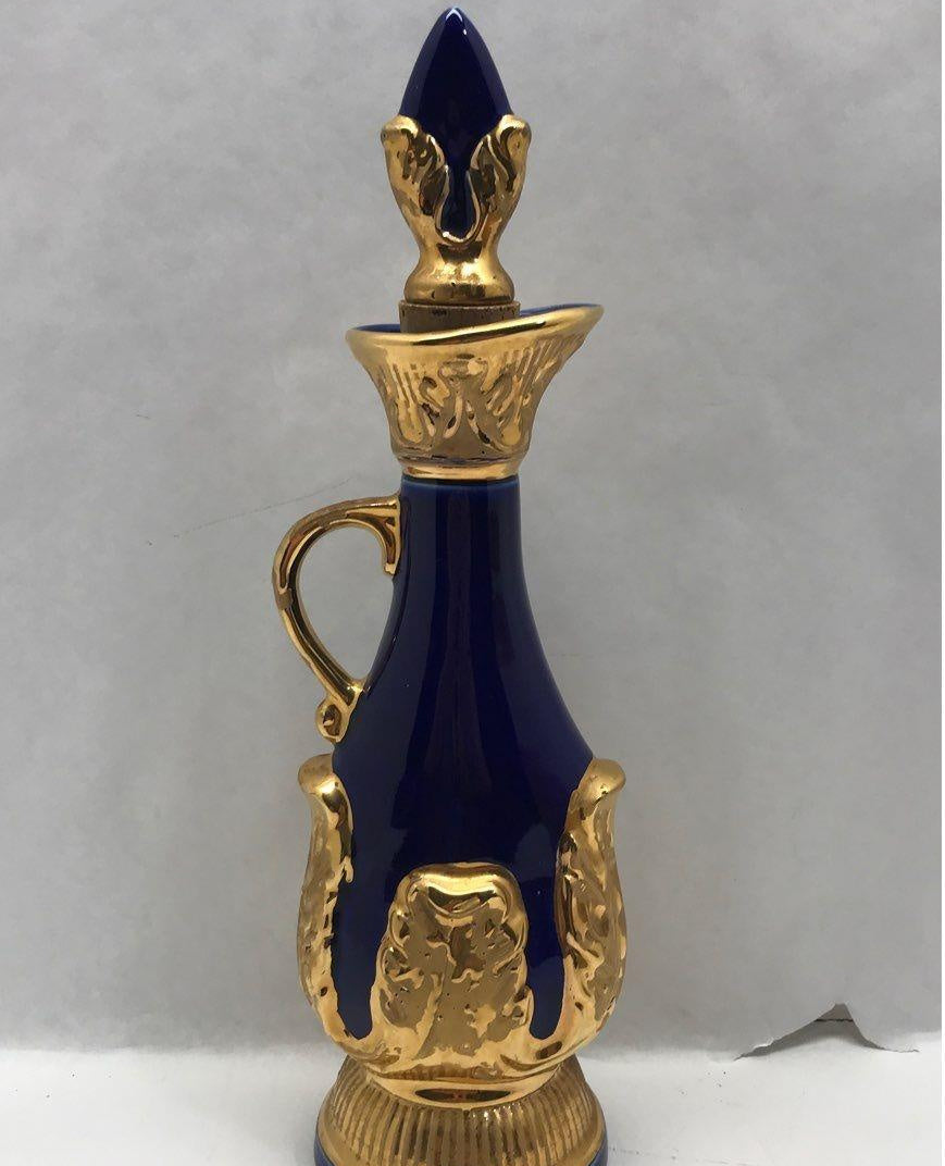 Vintage 1966 Blue With Gold Tone Glass Decanter