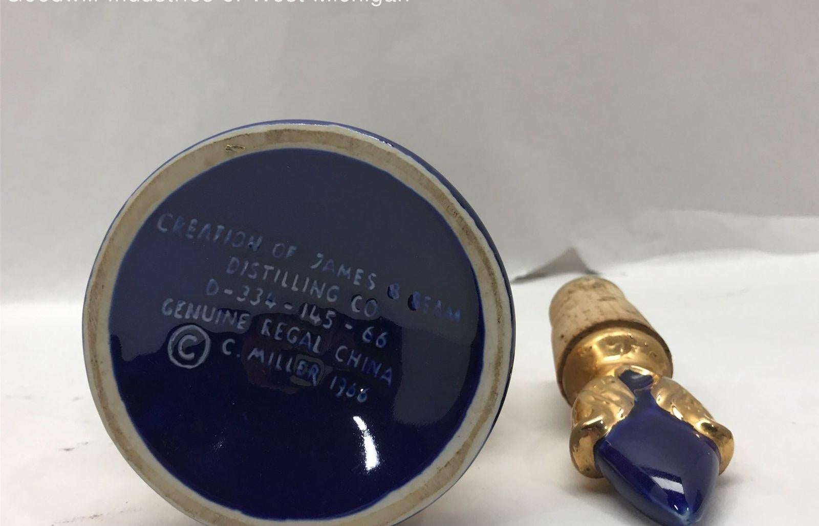 Vintage 1966 Blue With Gold Tone Glass Decanter