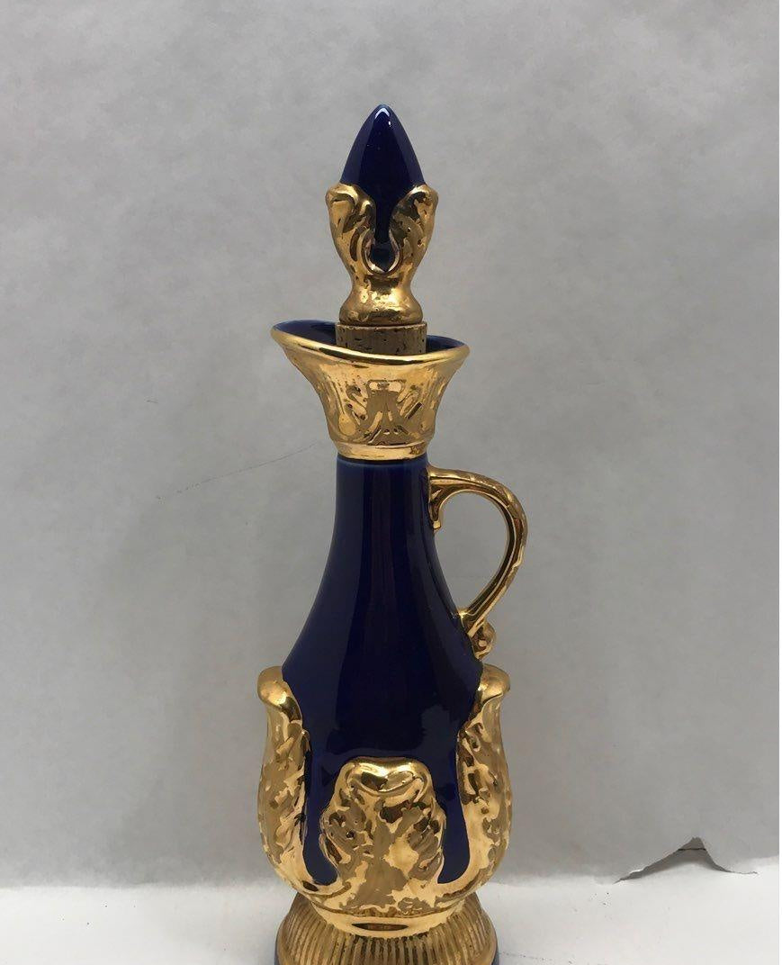 Vintage 1966 Blue With Gold Tone Glass Decanter