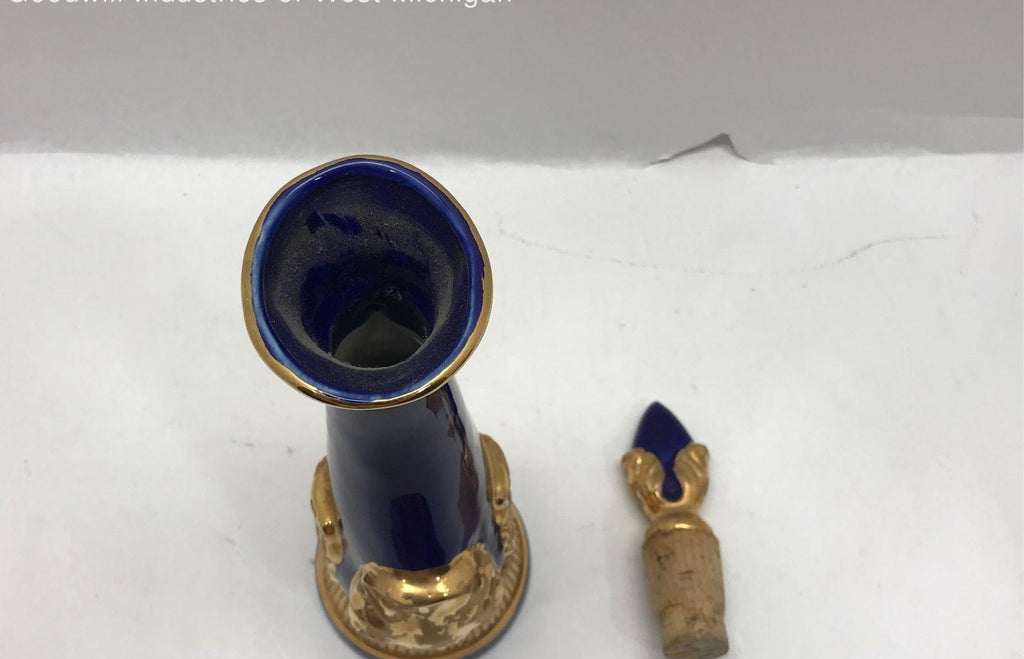 Vintage 1966 Blue With Gold Tone Glass Decanter