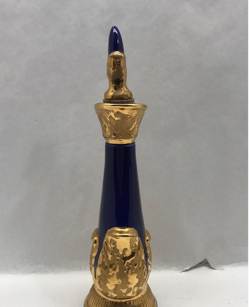 Vintage 1966 Blue With Gold Tone Glass Decanter