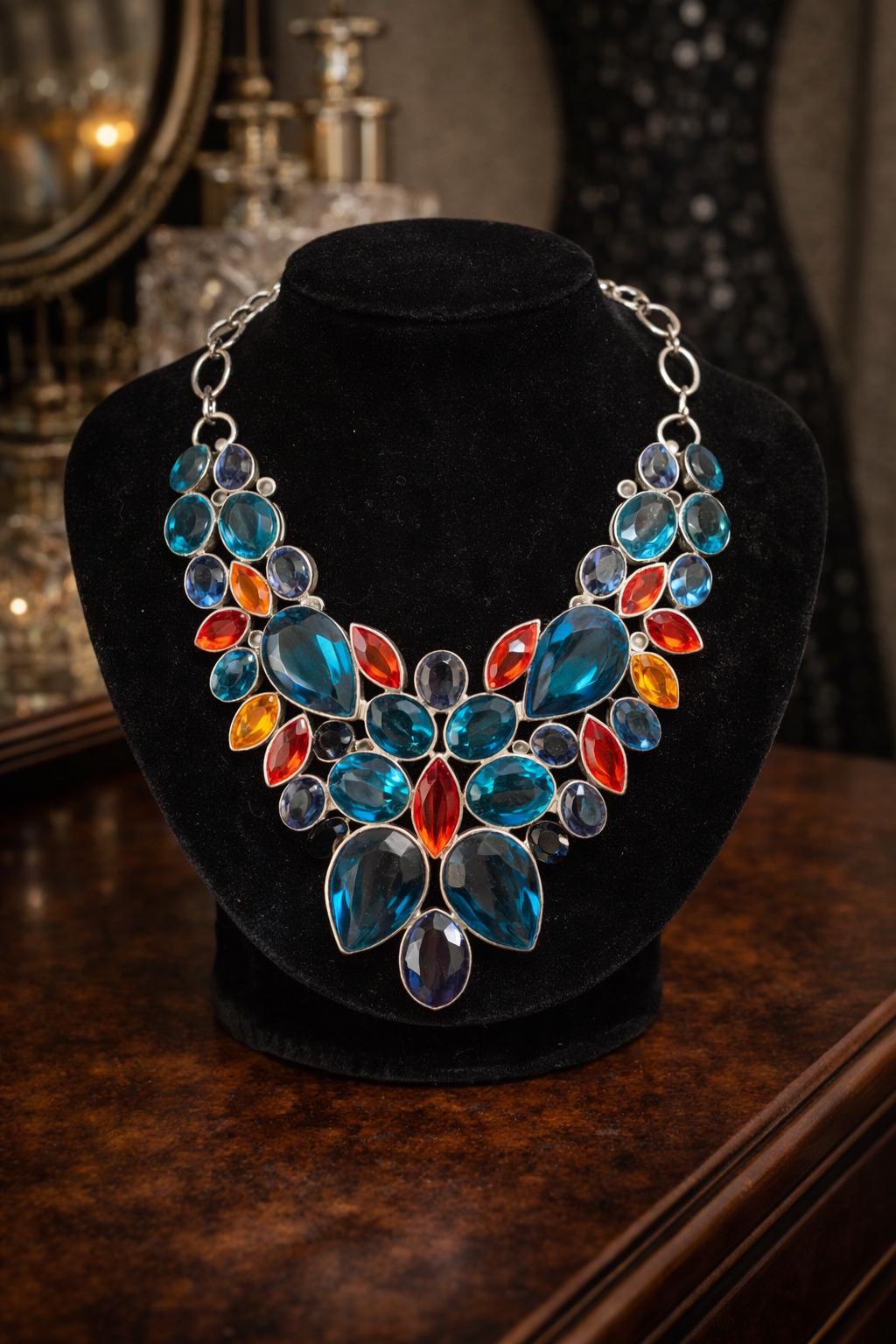 Large Silver Tone Statement Necklace with Multicolor Glass Crystals, Bold Bib Necklace, Dramatic Estate Glam Jewelry