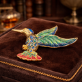 Vintage Gold Tone Enamel Hummingbird Brooch Multicolor Bird Pin Blue Green Red Statement