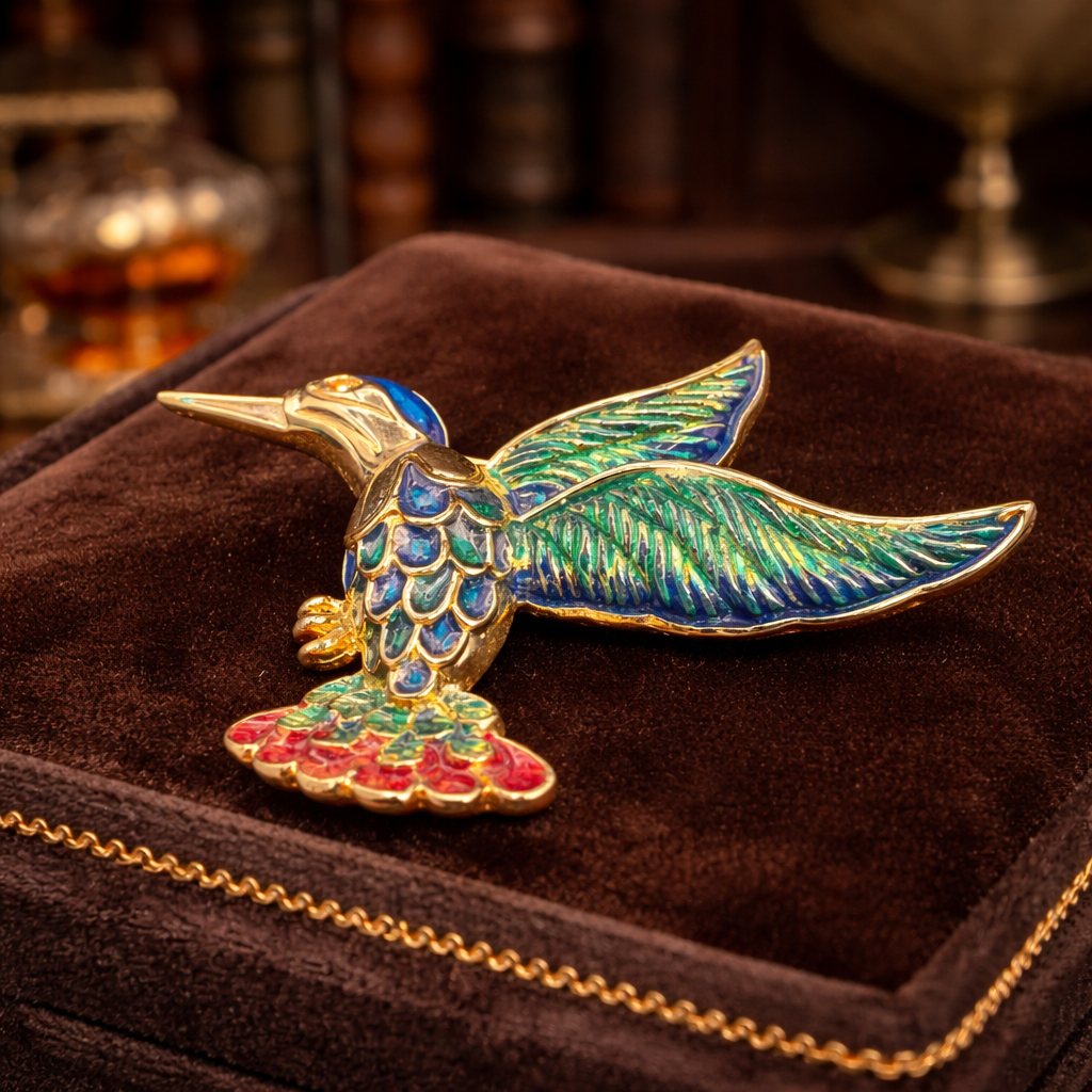 Vintage Gold Tone Enamel Hummingbird Brooch Multicolor Bird Pin Blue Green Red Statement