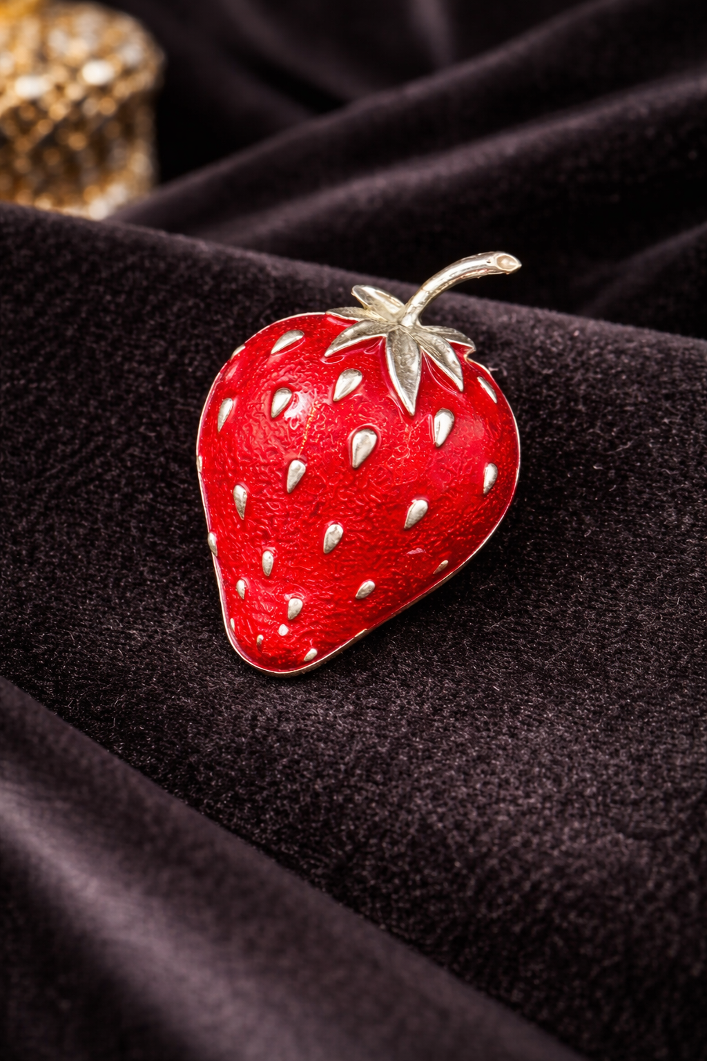Vintage Red Enamel Strawberry Brooch Silver Tone Textured Fruit Pin Whimsical Statement Jewelry