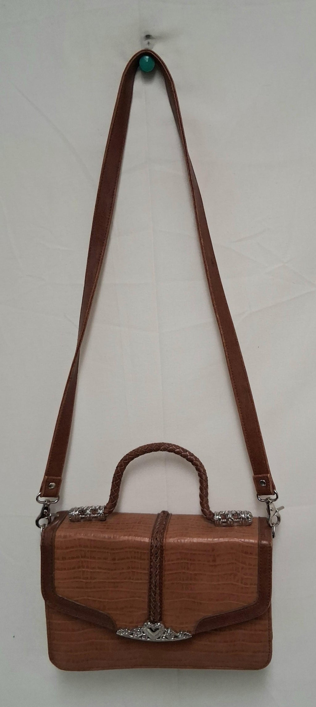 Vintage Brown Faux Leather Handbag with Braided Handle and Heart Accent