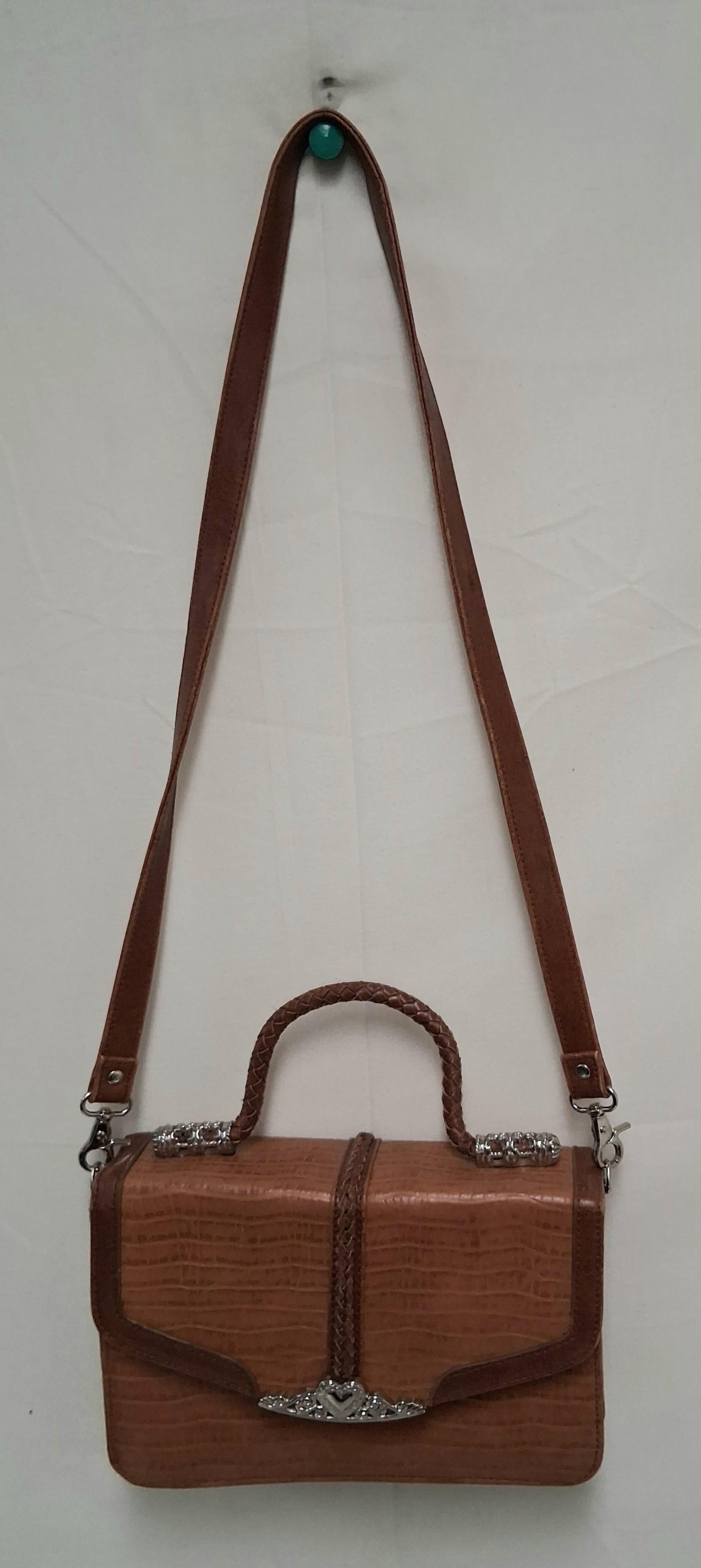 Vintage Brown Faux Leather Handbag with Braided Handle and Heart Accent