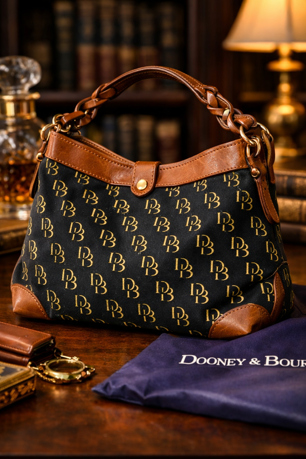 Dooney & Bourke Navy Monogram Canvas Shoulder Bag With Leather Trim Designer Handbag