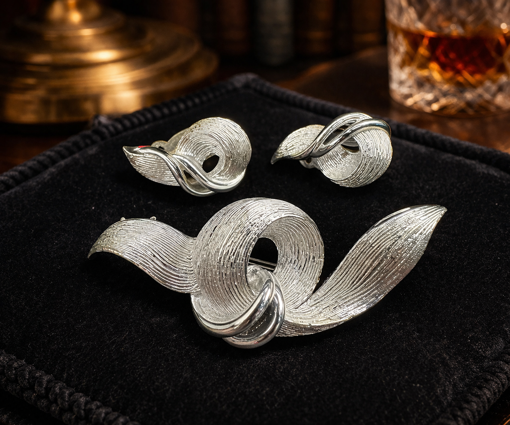 Lisner Silver Tone Swirl Brooch and Earring Set Textured Ribbon Knot Design