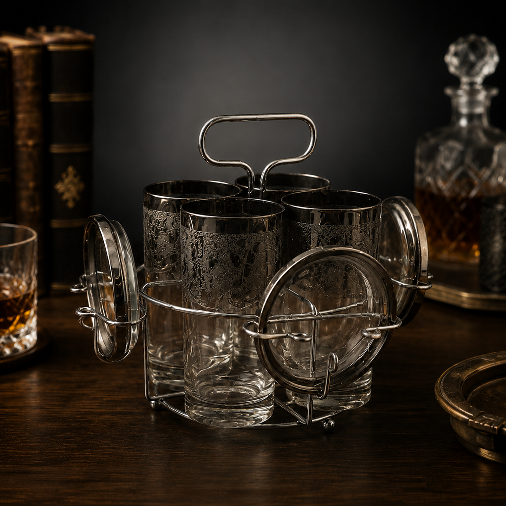 Vintage Mid-Century Silver Fade Highball Glass Set with Caddy & Coasters | 9-Piece Barware Set