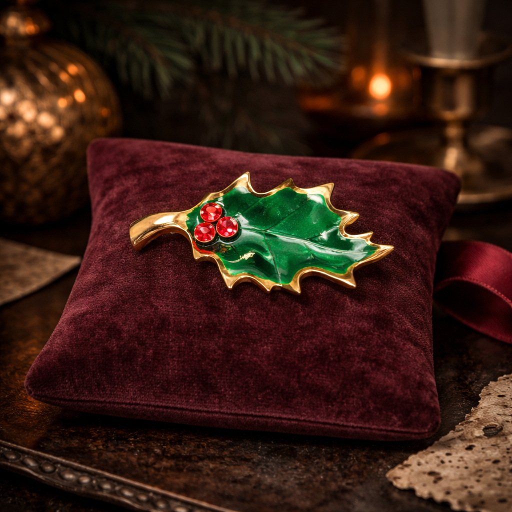 Green Enamel Holly Leaf Christmas Brooch with Red Rhinestone Berries