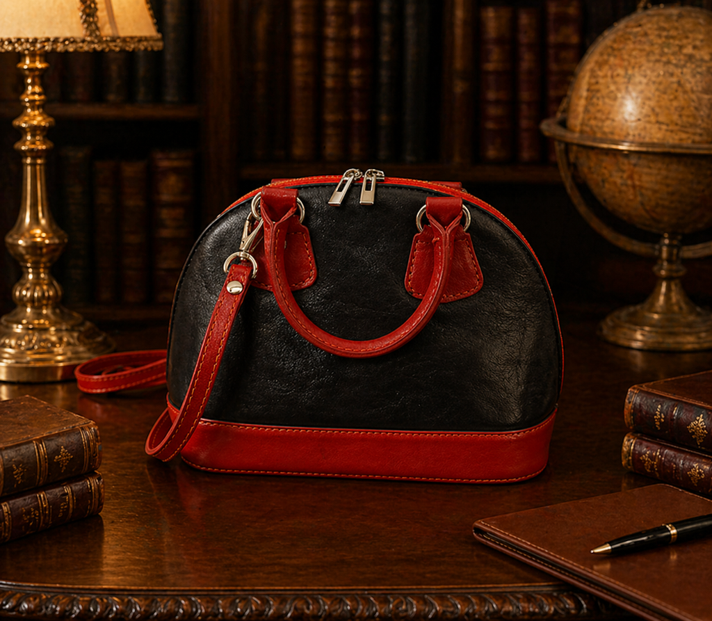 Vintage Vera Pelle Italian Leather Dome Satchel, Black & Red Two-Tone Crossbody, Made in Italy