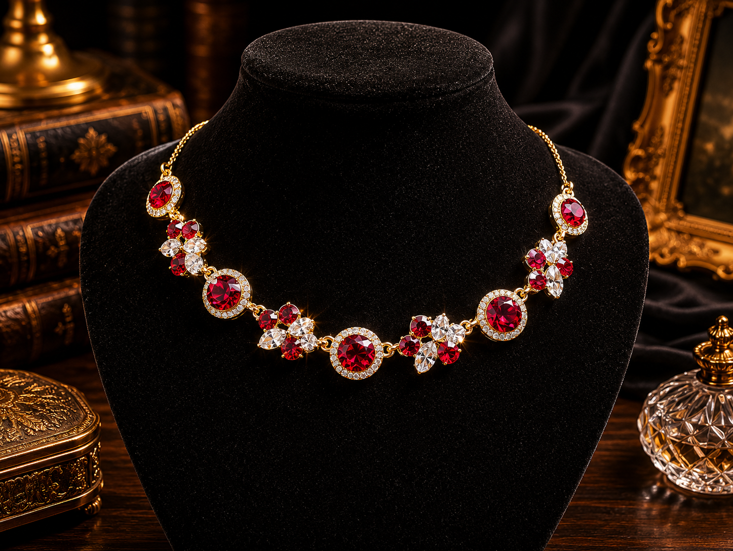 Givenchy Silver Tone Red Stone Statement Necklace with Clear Crystal Accents
