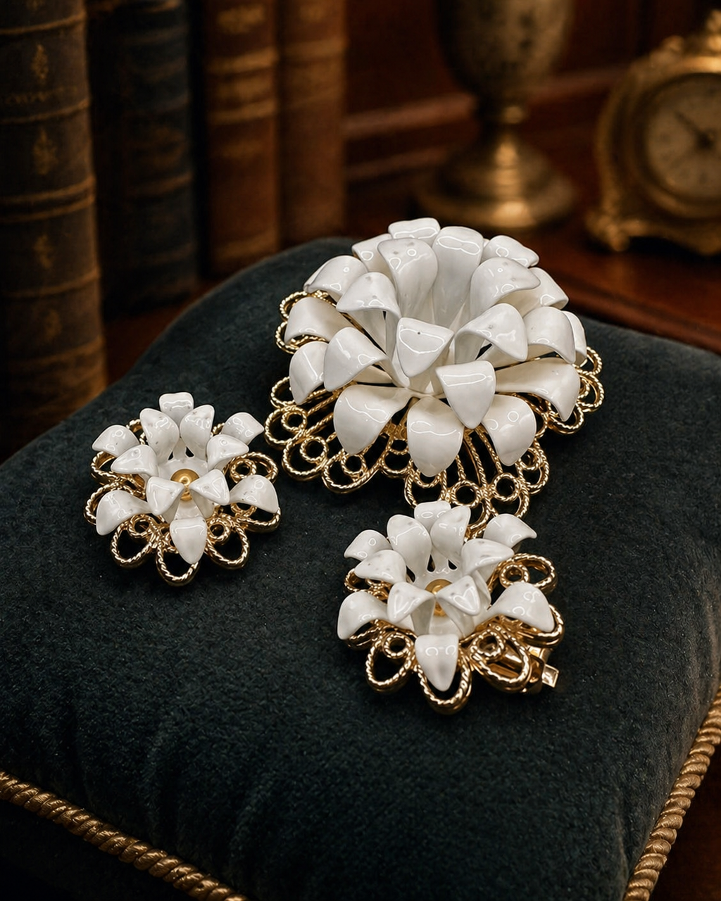 Sarah Coventry Gold Tone White Flower Brooch and Earring Set With Original Box