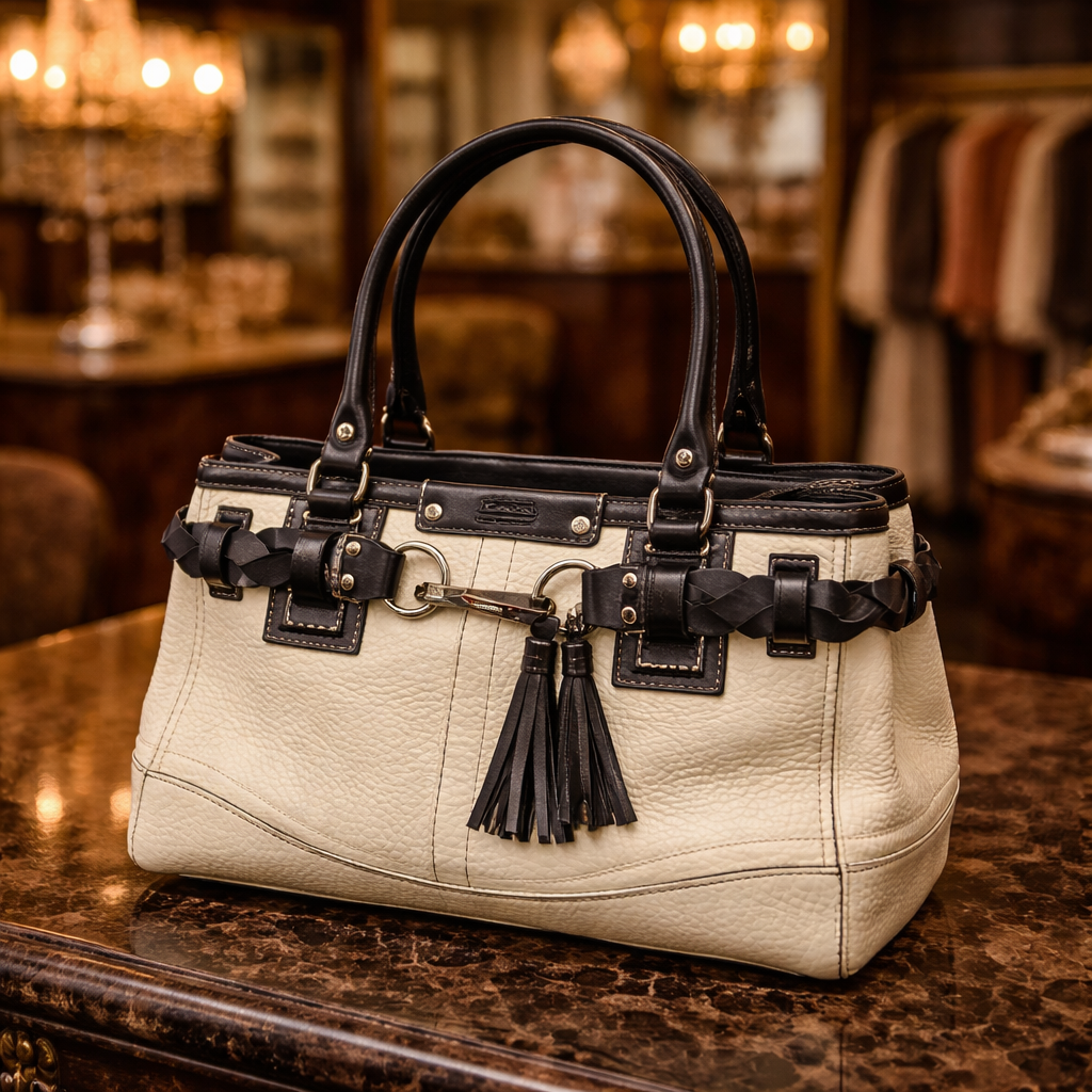 Coach F13084 Hamilton Leather Satchel Bag Black White Designer Tassel Handbag