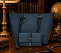 Blue Pebbled Faux Leather Tote & Matching Wristlet Clutch Set, Structured Shoulder Bag and Wristlett