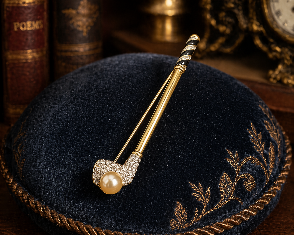 Swarovski Signed Gold Tone Golf Club Figural Brooch with Faux Pearl and Crystal Pave
