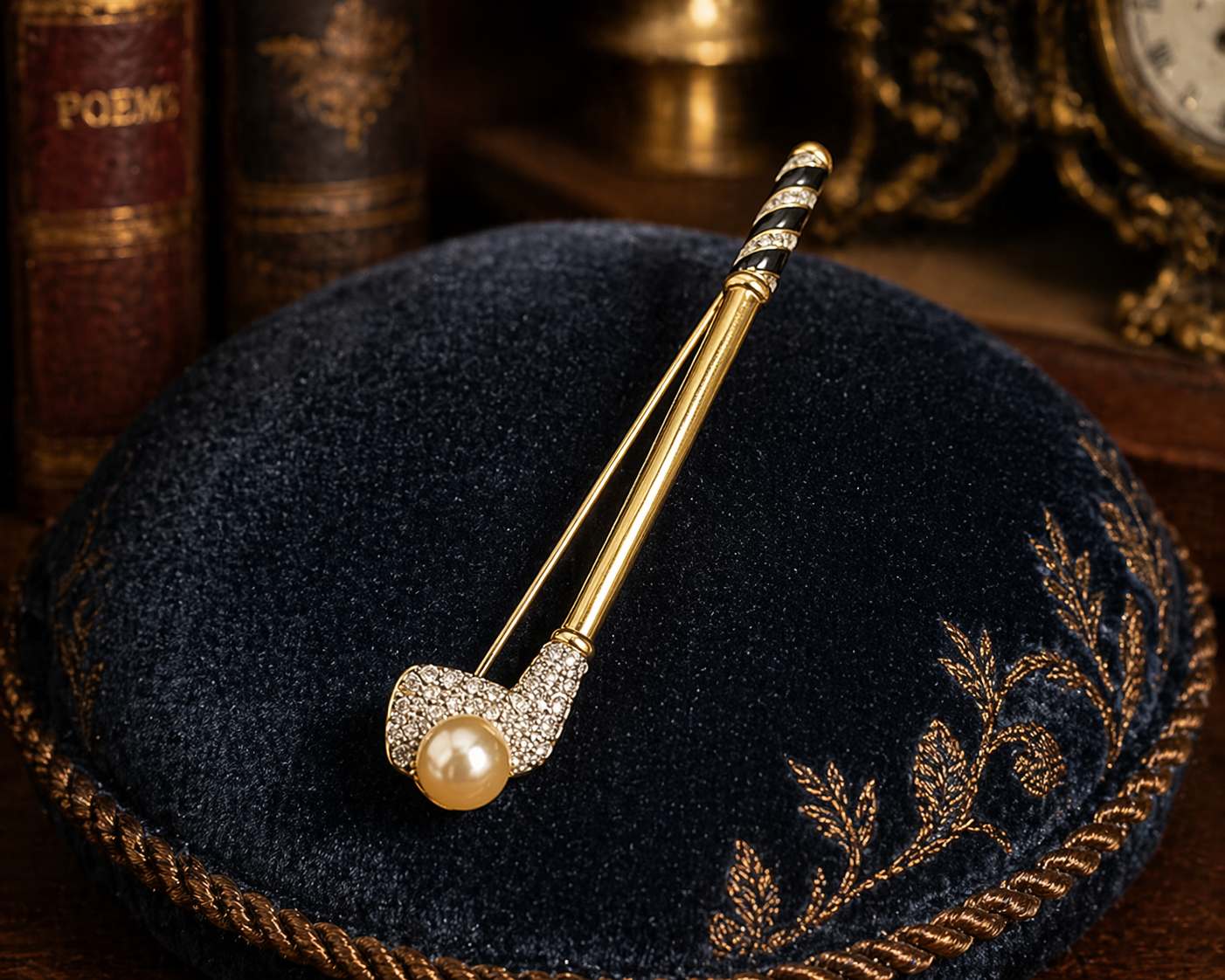 Swarovski Signed Gold Tone Golf Club Figural Brooch with Faux Pearl and Crystal Pave