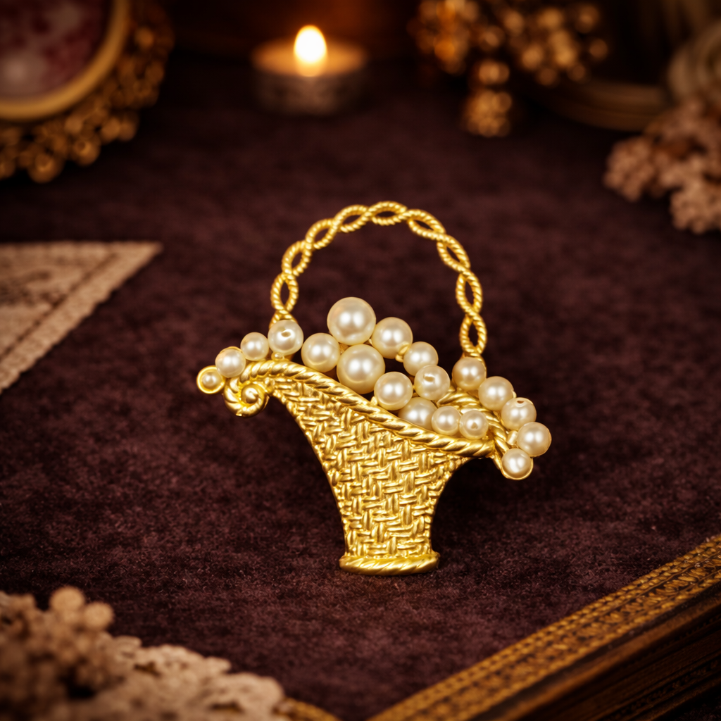 Gold tone faux pearl brooch trio; basket w flowers, wreath and purse with pearl flowers vintage set