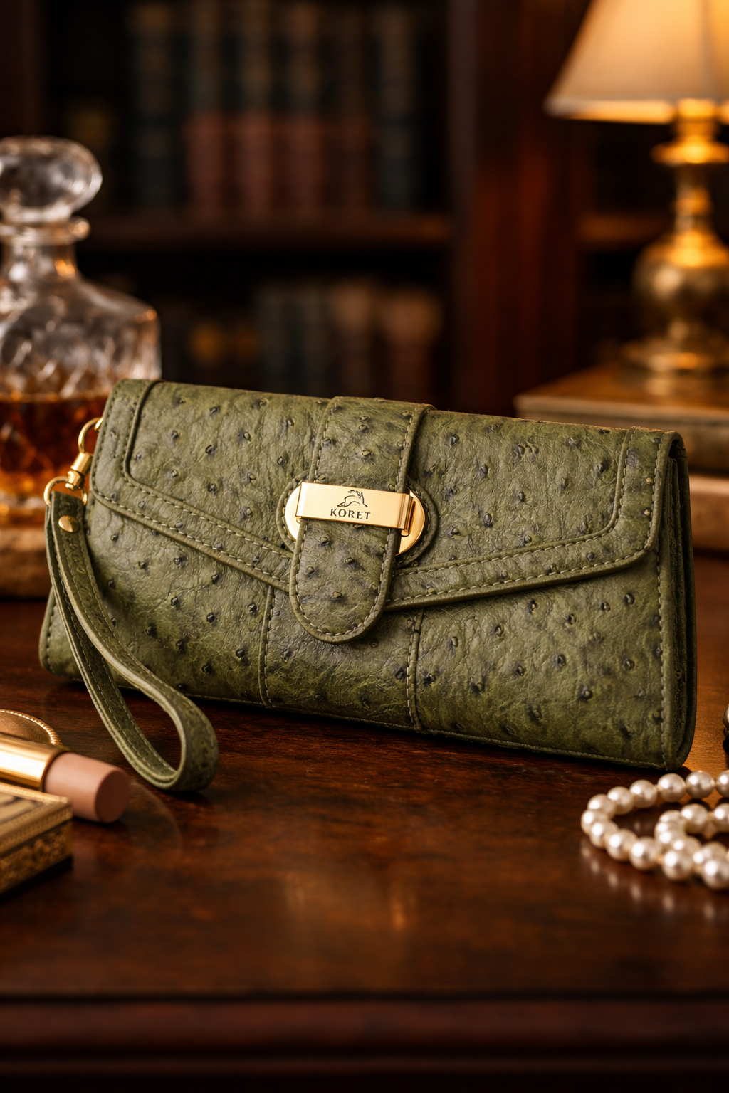 Koret Olive Green Ostrich Embossed Wristlet Clutch Vintage Textured Evening Handbag