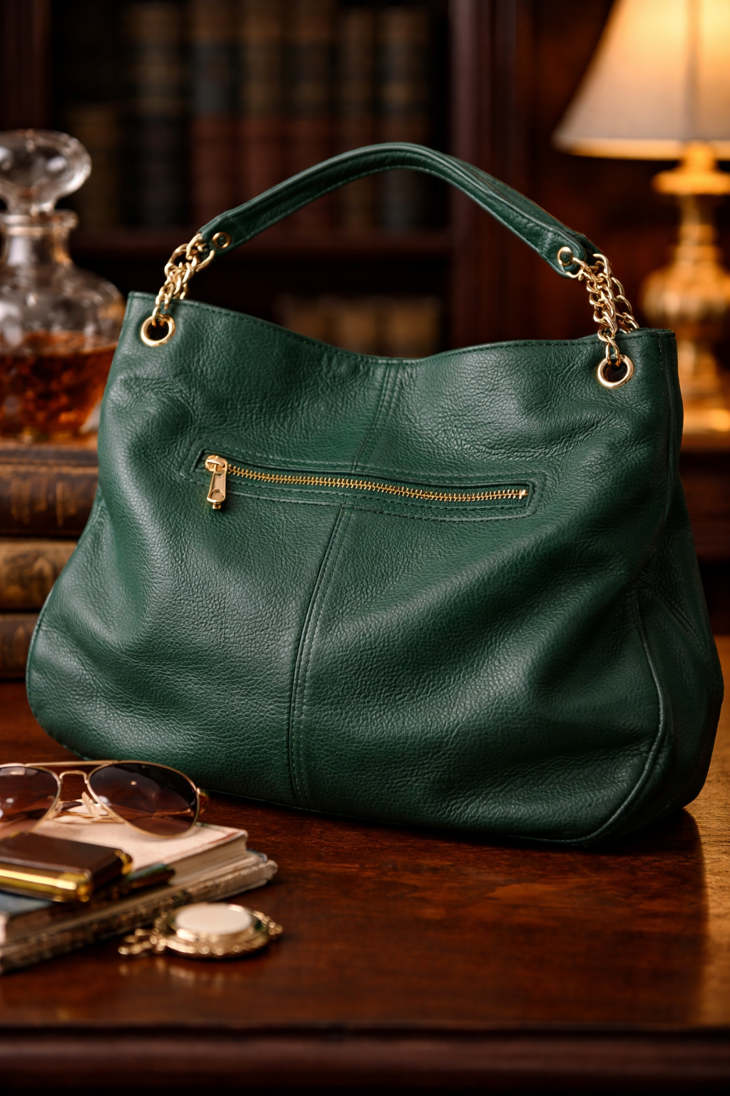 Cuore & Pelle Green Leather Shoulder Bag With Zip Closure Soft Slouchy Everyday Purse