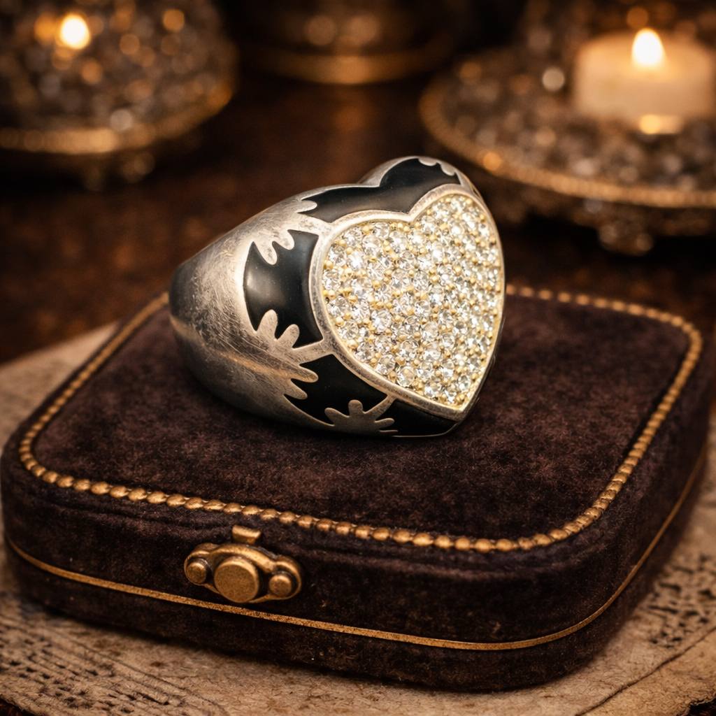 Edforce Black Enamel & White Rhinestone Heart Signet Ring Stainless Steel Size 5.75