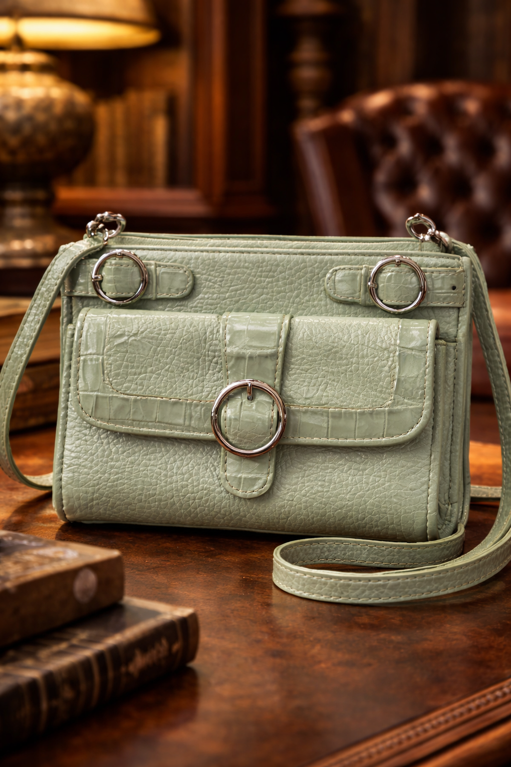 Brighton Mint Green Croc Embossed Leather Mini Organizer Crossbody Bag Y2K Belted