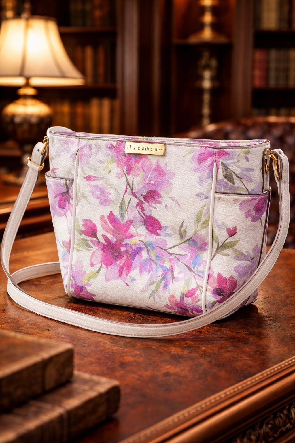 Liz Clairborne White Floral Crossbody Bag with Pink and Lavender Botanical Print